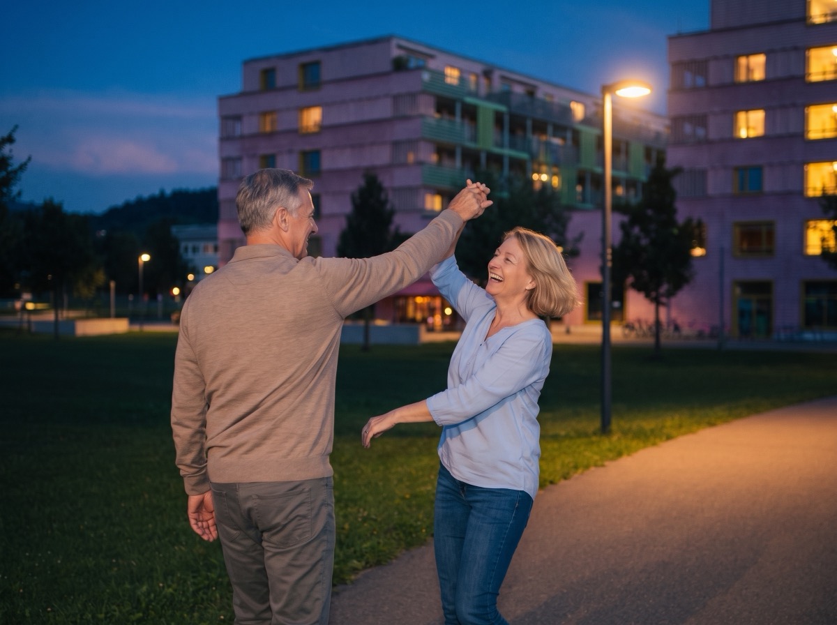 Ein Paar macht auf dem Heimweg durch den abendlichen Eulachpark einen letzten Drehschritt