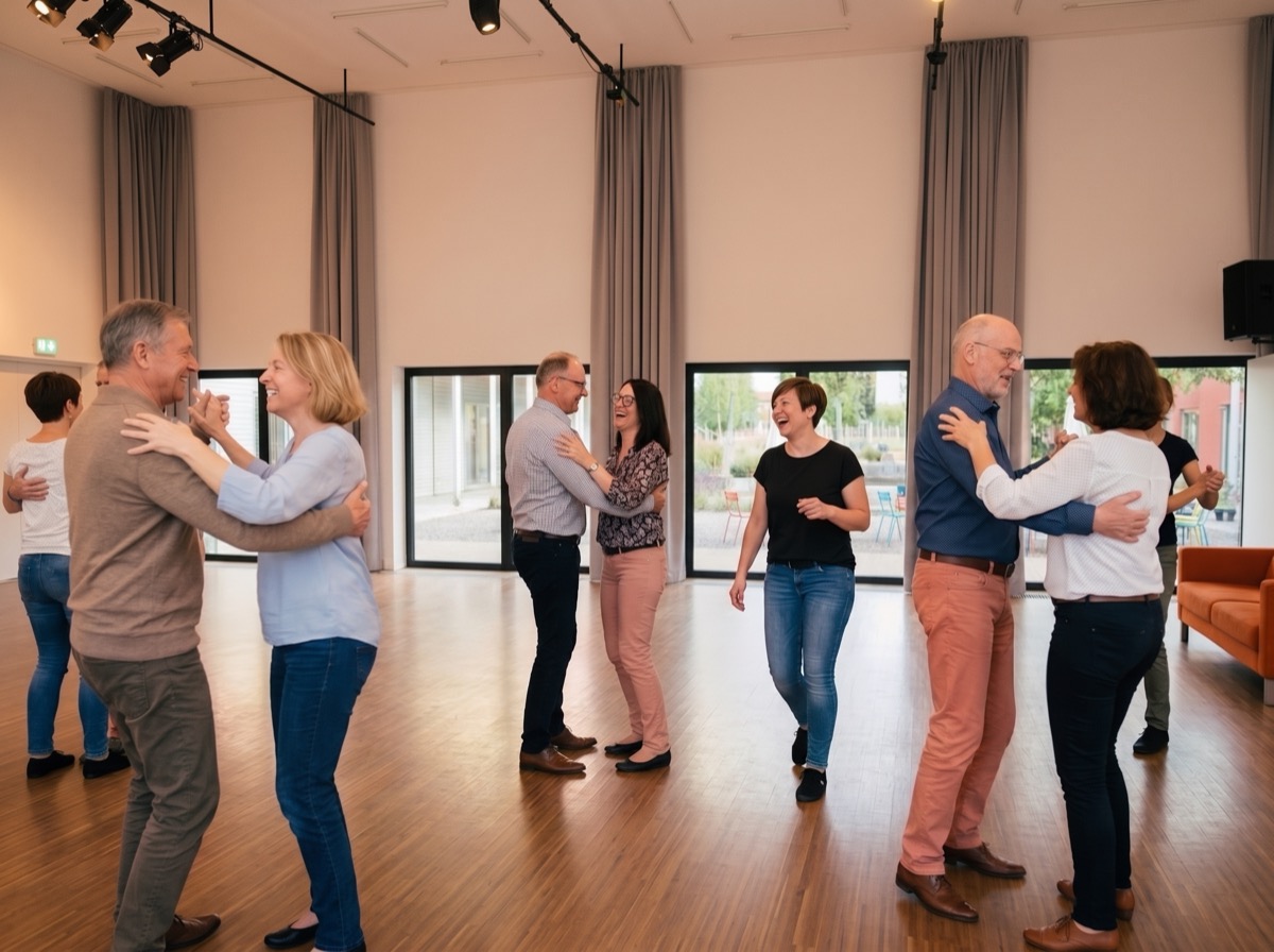Paare tanzen im hellen Saal, die Tanzlehrerinnen zeigen die Schritte